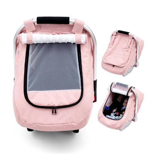 Waterproof Car Seat Cover Baby, 3D Mink Dot Infant Car Seat Cover with 2 Breathable Vents, Universal Carseat Canopy for Girls Boys, Baby Carrier Cover for All Seasons, Protect from Sunlight Rain - color: Pink