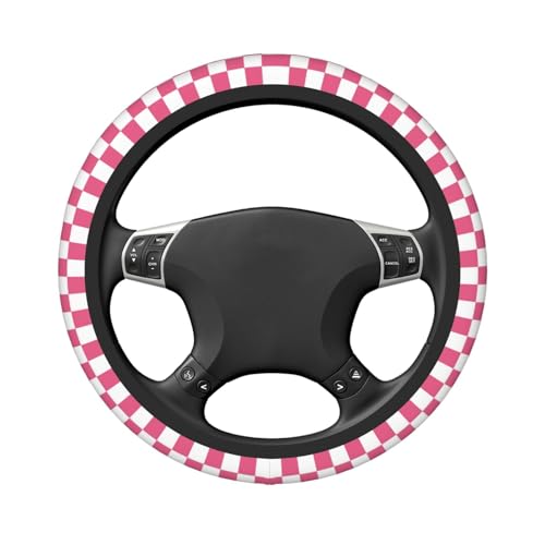 Pink Checkered Steering Wheel Cover for Women,Universal Auto Steering Wheel 14-15 Inch Car Interior Accessories with 2PCS Car Coasters,Suitable for Men and Women - color: pink