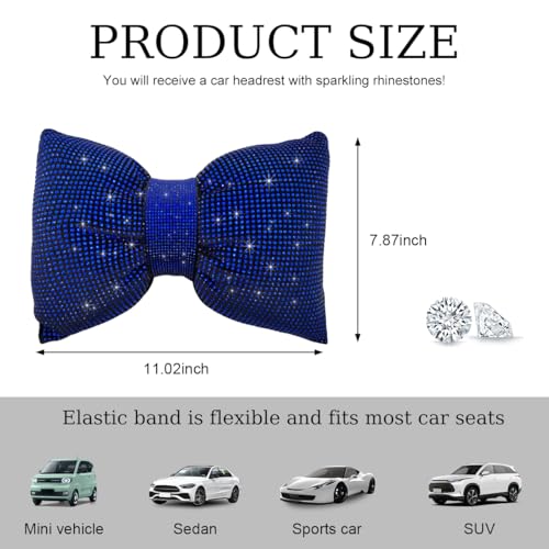 Bling Car Seat Neck Pillow, Soft Bling Bowknot Headrest Neck Support Rest Cushion, Neck Relax Head Rest Auto Pillow with Crystal Rhinestone for Women, Car Accessories (Blue) - color: Blue