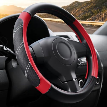 Black and Red Line Punching Car Steering Wheel Cover, Microfiber Leather Sports, 14.5-15 in Universal Leather Wheel Covers, Breathable Fashion Anti-Slip, Steering Wheels Accessories for Men Women - color: Line Punching-Black and Red