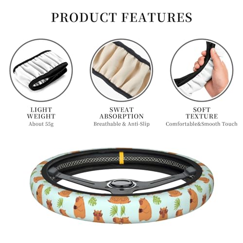 Capybaras and Leaves Steering Wheel Cover for Women Elastic Rubber Steering Wheel Universal 15 Inch Fit for Cars, Auto, SUVs - color: Capybaras And Leaves