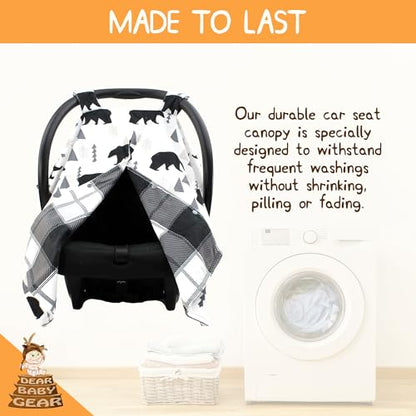 Dear Baby Gear Car Seat Cover for Infant, Newborn Carrier Canopy, Mother’s Day Gift for Moms, Baby Shower Blanket, Stroller & Nursing Cover w/ Snap Opening, 40x30in, Black & Grey Plaid Bears Design - color: Black Bears, Black and Gray Plaid Minky