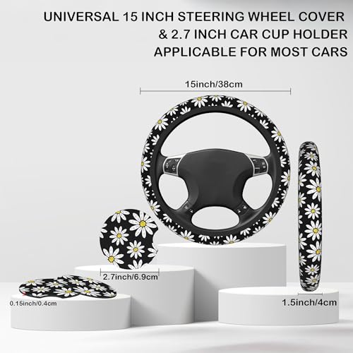White Daisy Flowers Steering Wheel Cover with 2 Pcs Car Coasters Neoprene Steering Wheel Cover for Women Men Anti-Slip Breathable Car Accessories Universal 15 Inch Fit Auto Cars Trucks - color: White Daisy Flowers