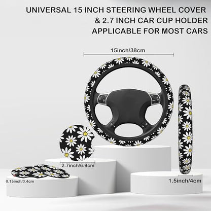 White Daisy Flowers Steering Wheel Cover with 2 Pcs Car Coasters Neoprene Steering Wheel Cover for Women Men Anti-Slip Breathable Car Accessories Universal 15 Inch Fit Auto Cars Trucks - color: White Daisy Flowers