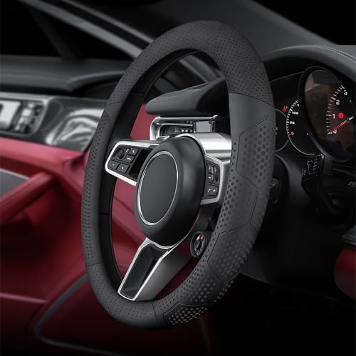 Leather Steering Wheel Cover for Ford F150 F250 F350, 15.5-16 inches Car Steering Wheel Cover with Non-Slip Breathable (Black) - color: Black-2