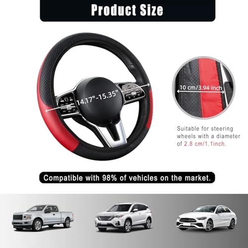 Leather Car Steering Wheel Cover, 15 Inch Anti-Slip Carbon Fiber Black Steering Wheel Cover, Universal Car Interior Accessories for Trucks Sedans SUVs (AD-Black & Red) - color: AD-Black & Red