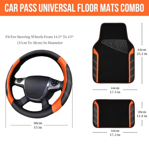 CAR PASS Leather Steering Wheel Cover and Waterproof Car Floor Mats,Microfiber Universal Car Combo Fit for 95% Sedan SUV Van Truck,14.5-15inch Sporty Anti-Slip Safety Comfortable Design, Black＆Orange - color: Black&Orange