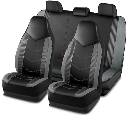 PIC AUTO Leather Car Seat Covers, Sports Carbon Fiber & Mesh Design, High-Back Full Set, Waterproof Automotive Seat Covers, Airbag Compatible, Universal Fit for Cars, SUVs, Trucks (Black & Gray) - color: Gray, size: Full Set