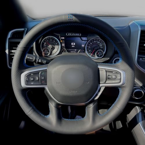 MEWANT Custom DIY Black Artificial Leather Steering Wheel Cover for Dodge Ram 1500 Laramie Big Horn 2019-2021 - color: Black Artificial Leather&Blue Laser Stripe