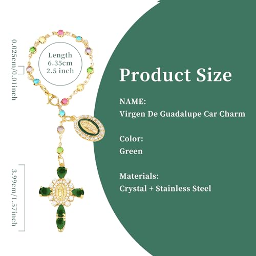 Virgen De Guadalupe Car Charm - Steering Wheel Accessory & Rearview Mirror Hanging, Cross Pendant Automotive Protection Decor - color: Gold-green