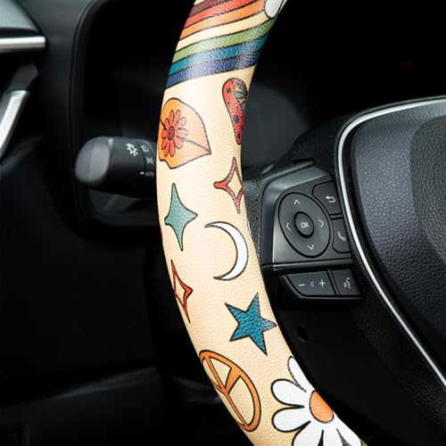 Rainbow Love&Peace Steering Wheel Cover Auto Jacquard Steering Wheel Protector, Anti-Slip, Breathable, Absorbing Sweat, Universal Car Accessories 14.5–15 inch,Fit for Most Car, Trucks, SUV - style: Rainbow Love and Peace