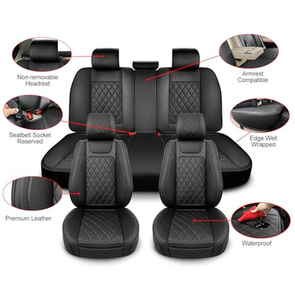 BEITK Leather Car Seat Covers Full Set,Unique Rear Design Easy to Install Car Seat Cover Protectors,Universal Full Surround Front Back Auto Seat Cover,Car Seat Cover for Sedan Cars Pick-up Trucks SUV - color: Seat Cover Full Set Black