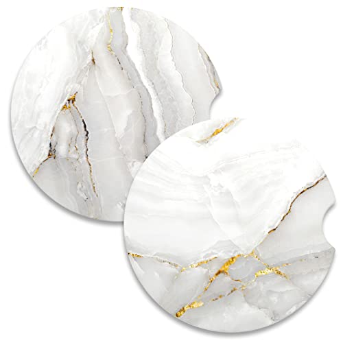 Car Coaster for Cup Holders, 2 Pack Absorbent Ceramic Car Cup Holder Coaster for Drinks, Cute Auto Assecories for Women, Universal Size 2.56 in with Finger Notch & Cork Base, White Marble - color: White Gold Marble
