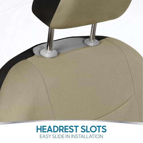 BDK OS-309-AB Tan Trim Black Car Seat Covers Full 9 Piece Set, Sleek & Stylish, Split Option Bench 5 Headrests Front & Rear Bench, Beige - color: Beige