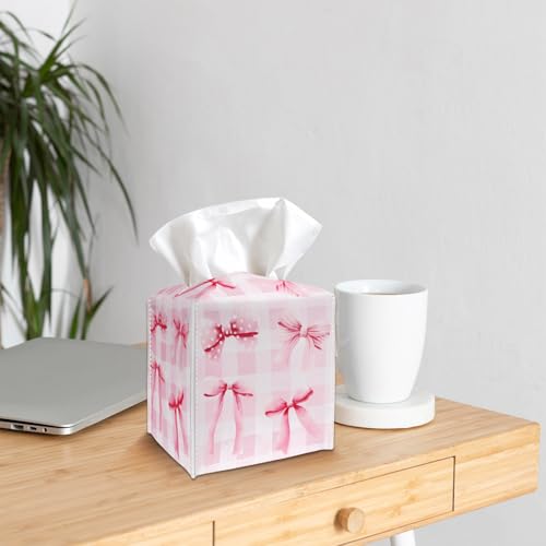Tissue Box Cover Holder - Pink Bows Checkerboard PU Leather Tissue Box Cover with Bottom Belt, Square Facial Paper Organizer for Tabletop, Bathroom, Kitchen, Car & Office -046 - color: Pink Bows