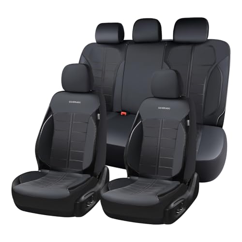 Coverado Full Set Leather Car Seat Covers, Crafted with Full Leather Construction and Carbon Fibre Weave Universal Fit for Most Cars SUV Trucks(Black - color: Black, size: FullSet
