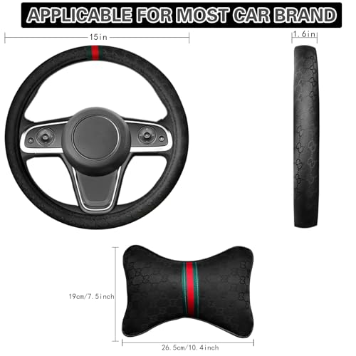 5PCS Steering Wheel Cover, with 2 Headrests, 2 Seat Belt Covers - Universal Fit for 14.5-15" Steering Wheel, Enhances Driving Experience - Perfect for Women (Black) - color: Black
