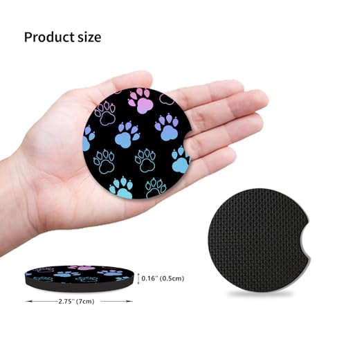 Absorbent Car Coasters for Cup Holders, 2 Pack Universal Neoprene Car Coasters with Finger Slot, Auto Accessories for Women & Men,2.56"(Gradient Black Dog paw Print)