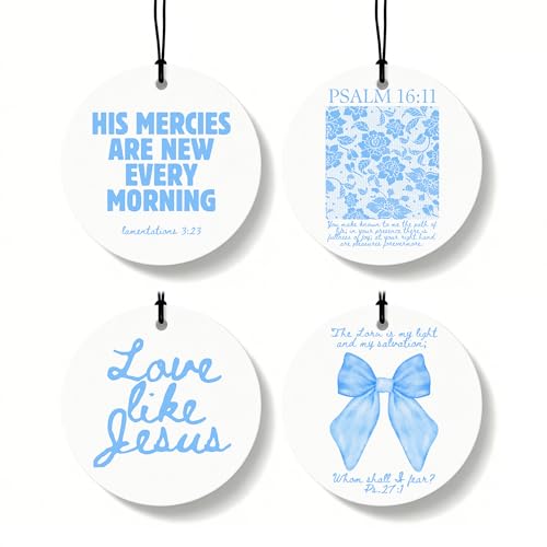 Blue Christian Round Car Air Freshener 4 Pcs, Girly Blue Bow Floral Religious Hanging Air Freshener for Cars Closet Drawer Books, Cute Preppy Christian Car Accessories Mirror Decor for Women - color: Christian-Circle-03