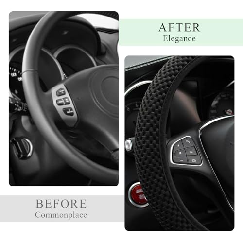 Yourkar Elastic Steering Wheel Cover, 15"×15" Comfy Breathable Stretch Steering Wheel Protector, Ice-Silk Cloth Polyester Steering Wheel Cover for Men Women, Car Accessories (Black) - color: Black