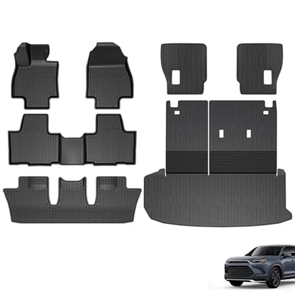 Full Interior Protection Floor Mats for Toyota Grand Highlander 2024-2026(7 Seater Only), 3 Row TPE Liners with Seat Back Covers & Cargo Liner, Fold Flat Waterproof All Weather - size: full set mats for GH