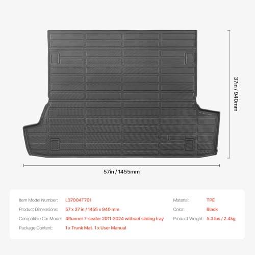 VEVOR Cargo Mat Compatible with Toyota 4Runner 7 Seater 2010-2024 Without Sliding Tray, Precise Fit Trunk Mat for SUVs, TPE Trunk Protector Replacement, Black (1PCS) - style: Toyota 4Runner 2010-2024