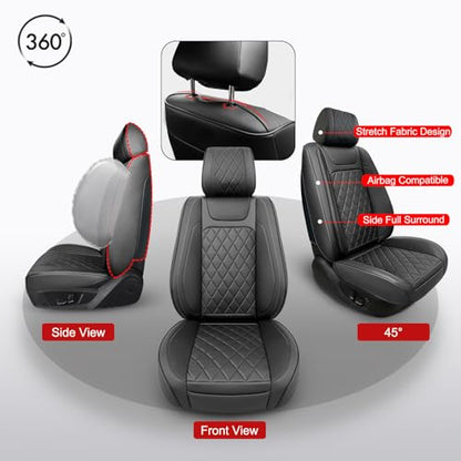 BEITK 2 Pack Leather Front Car Seat Covers,Universal Breathable Full Surround Leather Car Seat Cover Protector,Split Waterproof Luxury Auto Black Seat Cover Cushion for Sedan Cars Pick-up Trucks SUV - color: Seat Cover Front Pair Black