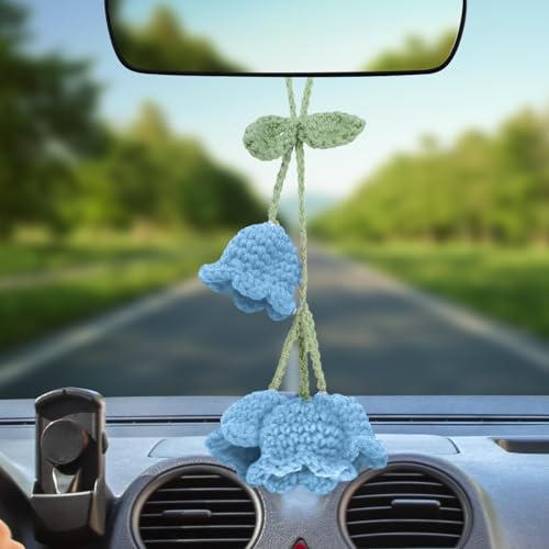 Crochet Lily of The Valley Mirror Hanging Ornament for Cars, Cute Hand Knitted Flower Rear View Mirror Car Charm, Hanging Pendant Decor Car Accessories for Women (Blue) - color: Blue