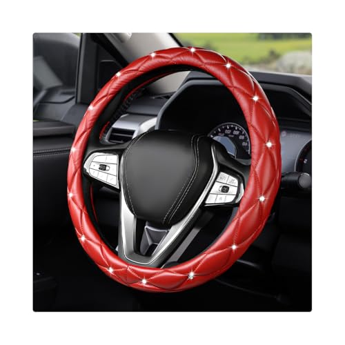 Bling Car Steering Wheel Cover, 15 Inch Diamond Leather Anti-Slip Auto Steering Wheel Protector, Cute Sparkly Rhinestones Wheels Cover Automotive Decoration for Women Girl (Red) - color: Red
