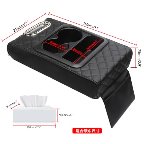 Multi-Functional Adjustable Armrest Cushion - Universal Car Boat Sofa Pad with Built-in Tissue Box & Cup Holder, Faux Leather Storage Organizer for Front/Rear Seats, Yacht, Central Console