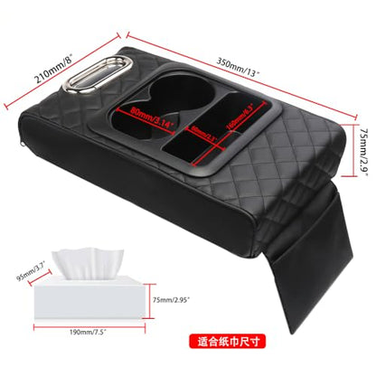 Multi-Functional Adjustable Armrest Cushion - Universal Car Boat Sofa Pad with Built-in Tissue Box & Cup Holder, Faux Leather Storage Organizer for Front/Rear Seats, Yacht, Central Console