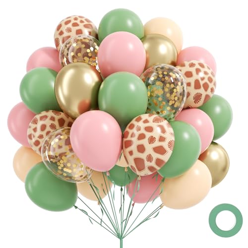 60pcs Safari Balloons 12inch, Sage Green Pink Nude Metallic Gold Confetti Balloons for Wild Safari Baby Shower Birthday Party Decorations - color: Pink Green Gold