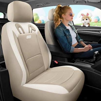 PIC AUTO Car Seat Covers, Cute Rabbit Premium Beige Leather Seat Covers, Universal Fit Front Seat Covers for Cars, Trucks, SUVs, Soft & Wear-Resistant Auto Interior Protection with Airbag-Compatible - color: Beige