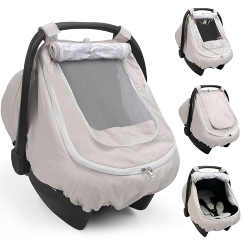 TinlyFinly Waterproof Car Seat Cover for Baby, 2-Layer Car Seat Rain Cover with Clear Window & Sunshade & Mesh Cover, Universal Infant Carseat Canopy for Stroller, Protect from Rain and Snow - Beige - color: Beige