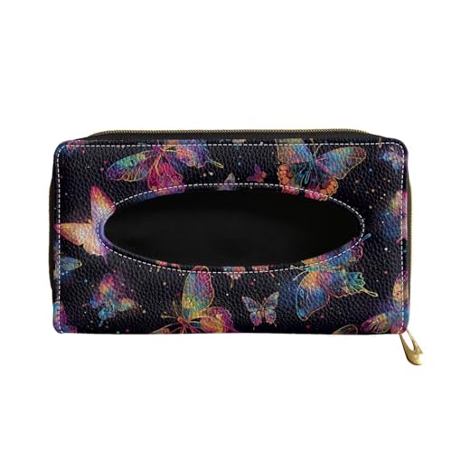 Biyejit Car Tissue Holder, Colorful Butterfly PU Leather Sun Visor Napkin Box Holder, Hanging Tissue Mask Holder with Glasses Clip for Car Visor, Auto, Vehicle Accessories - color: Colorful Butterfly, size: 1 Pack