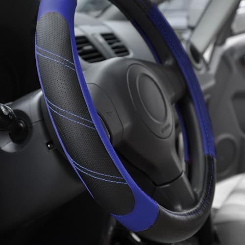 Elantrip Steering Wheel Cover Leather 15 1/2-16 inch Universal Padded Soft Grip Breathable for Car Truck SUV Jeep Anti Slip Blue and Black - color: Black and Blue, size: 15 1/2 - 16 Inch