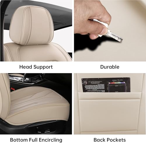 Car Seat Covers Full Set,5 Seat Leather Seat Covers for Cars,Beige Front Seats and Back Seat Cover,Waterproof Car Seat Cushion Protectors,Universal Fit for Most Cars SUV Trucks - color: Beige