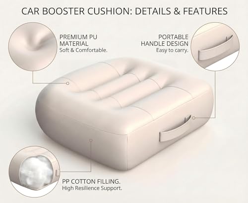 Adult Car Booster Seat Cushion/office chair cushion with Carry Handle Angle Lift Seat Cushion Imitation PU breathable fabric More comfortable and beautiful,for/car/office/wheelchair seat cushion/milky - color: Milky White