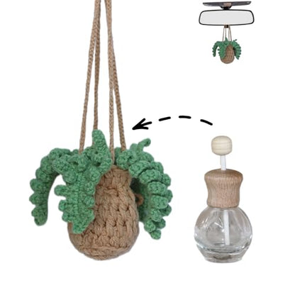 ROFIGL Handmade Crochet Hanging Car Air Freshener - Botanical Fern Leaf Design with 12ml Refillable Glass Essential Oil Bottle, Long-Lasting Car Diffuser & Nature-Inspired Decor - style: Fern