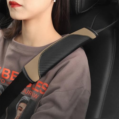2PCS Carbon Fiber Car Seat Belt Cover, Leather Comfortable Soft Vehicle Seatbelt Pad for Shoulder & Neck, Automotive Interior Seat Strap Cushion Mat, Universal Fit (Black/Beige)