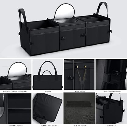 Trunk Organizer, 95L Capacity SUV Trunk Organizer with Cooler, 3 Compartments Heavy Duty Collapsible Car Storage Organizer for Truck, Van