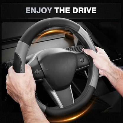 Car Steering Wheel Cover, Microfiber Leather Steering Wheel Covers with Anti-Slip Lining, Breathable Elastic Car Steering Wheel Protector, Universal Standard Size 14-15 inch - color: GrayBlack