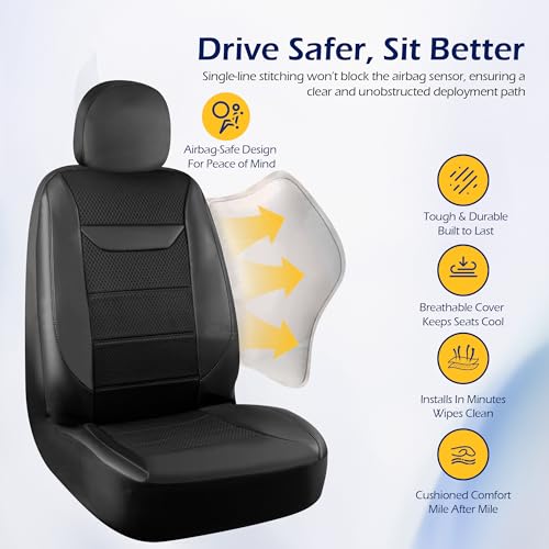kingphenix 2 Pack Front Memory Foam Leather Car Seat Covers, Breathable 4D Mesh, Easy Install Automotive Seat Protectors, Airbag Compatible, Universal Fit for Cars, Trucks, Vans, SUV - Black