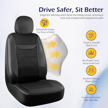 kingphenix 2 Pack Front Memory Foam Leather Car Seat Covers, Breathable 4D Mesh, Easy Install Automotive Seat Protectors, Airbag Compatible, Universal Fit for Cars, Trucks, Vans, SUV - Black