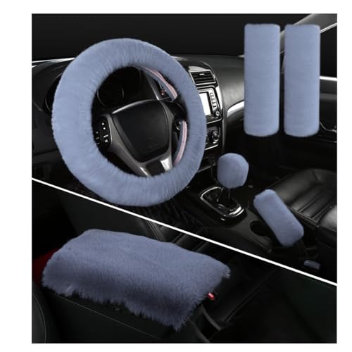 Ohleats 6 PCS Fluffy Steering Wheel Covers Set, 15'' Furry Car Wheel Cover, Soft Gear Shift & Handbrake Cover, Center Console & Seat Belt Shoulder Pads for Women, Car Accessories (Gray) - color: Gray