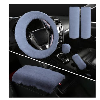 Ohleats 6 PCS Fluffy Steering Wheel Covers Set, 15'' Furry Car Wheel Cover, Soft Gear Shift & Handbrake Cover, Center Console & Seat Belt Shoulder Pads for Women, Car Accessories (Gray) - color: Gray