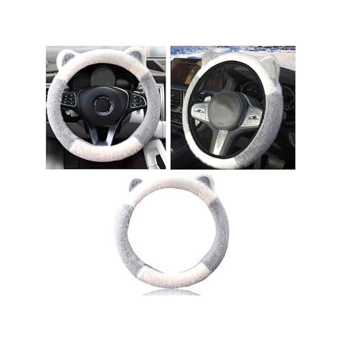Car Steering Wheel Cover, Cute Steering Wheel Protector with Kitty Cat Ears,Fluffy Soft Plush for Winter Warm, Universal Fit 15 inches for Car,SUV, Elastic & Anti-Slip (White/Gray) - color: White/Gray