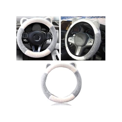 Car Steering Wheel Cover, Cute Steering Wheel Protector with Kitty Cat Ears,Fluffy Soft Plush for Winter Warm, Universal Fit 15 inches for Car,SUV, Elastic & Anti-Slip (White/Gray) - color: White/Gray