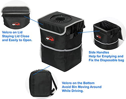 EPAuto Waterproof Car Trash Can with Lid and Storage Pockets, 2.5 Gallon, Black