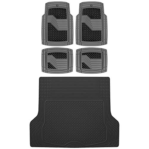 BDK CAT® Heavy Duty All Weather Tough Rubber Car Floor Mats, Metallic Design Floor Mats, Universal Fit Trim-to-Fit 4-Piece Front & Rear Set with Trunk Cargo Mat Liner for Cars Trucks Sedans SUVs Vans - color: Black/Charcoal, size: X-Large